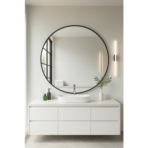 Lustro HALO BLACK – Okrągłe Lustro w Czarnej Ramie MDF SLIM do Salonu, Przedpokoju i Sypialni, Nowoczesne Lustro Dekoracyjne